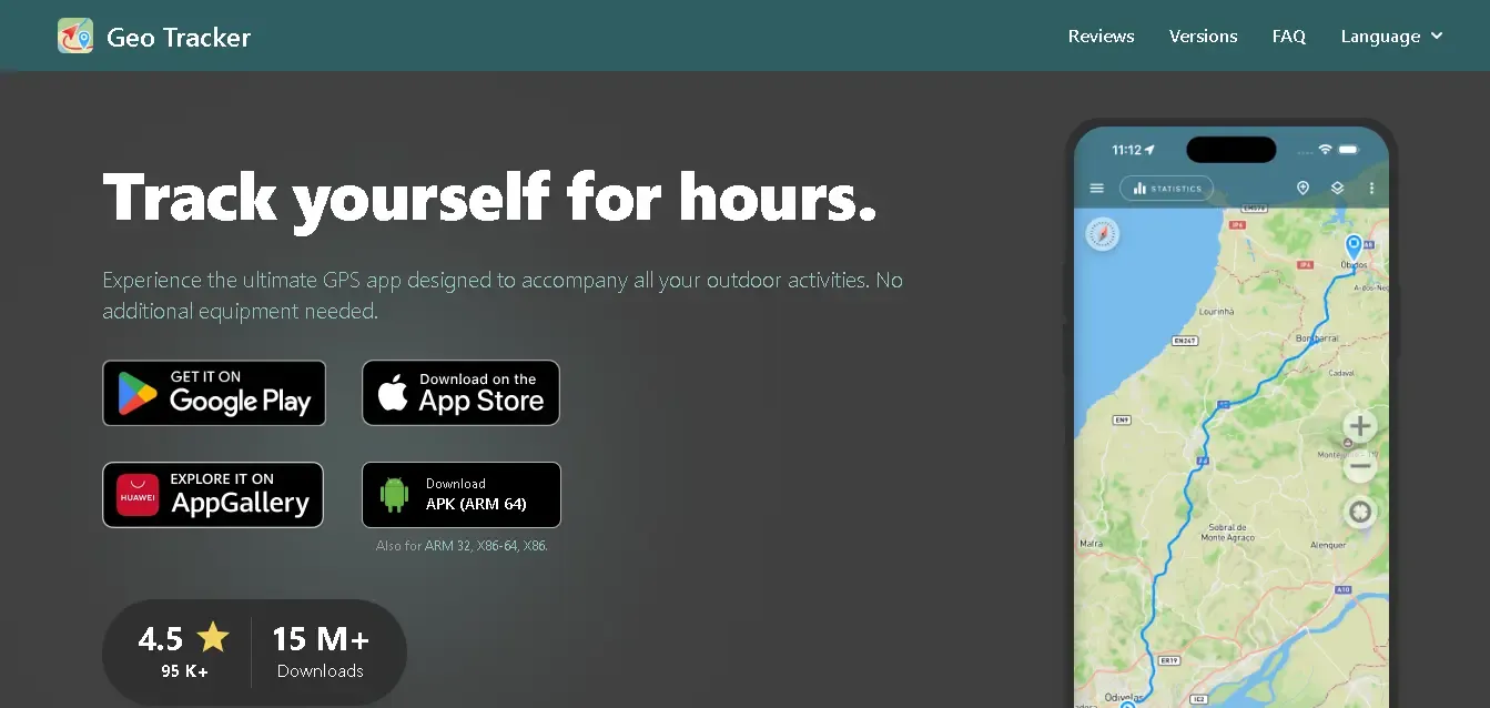 Geo Tracker app interface showing a GPS route on a map with detailed statistics